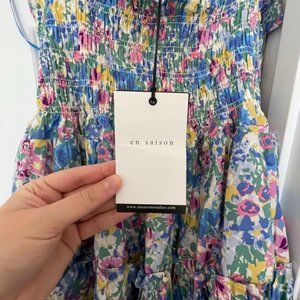 En Saison Tiered Floral Smocked Bust Tie Shoulder Dress (NWT)